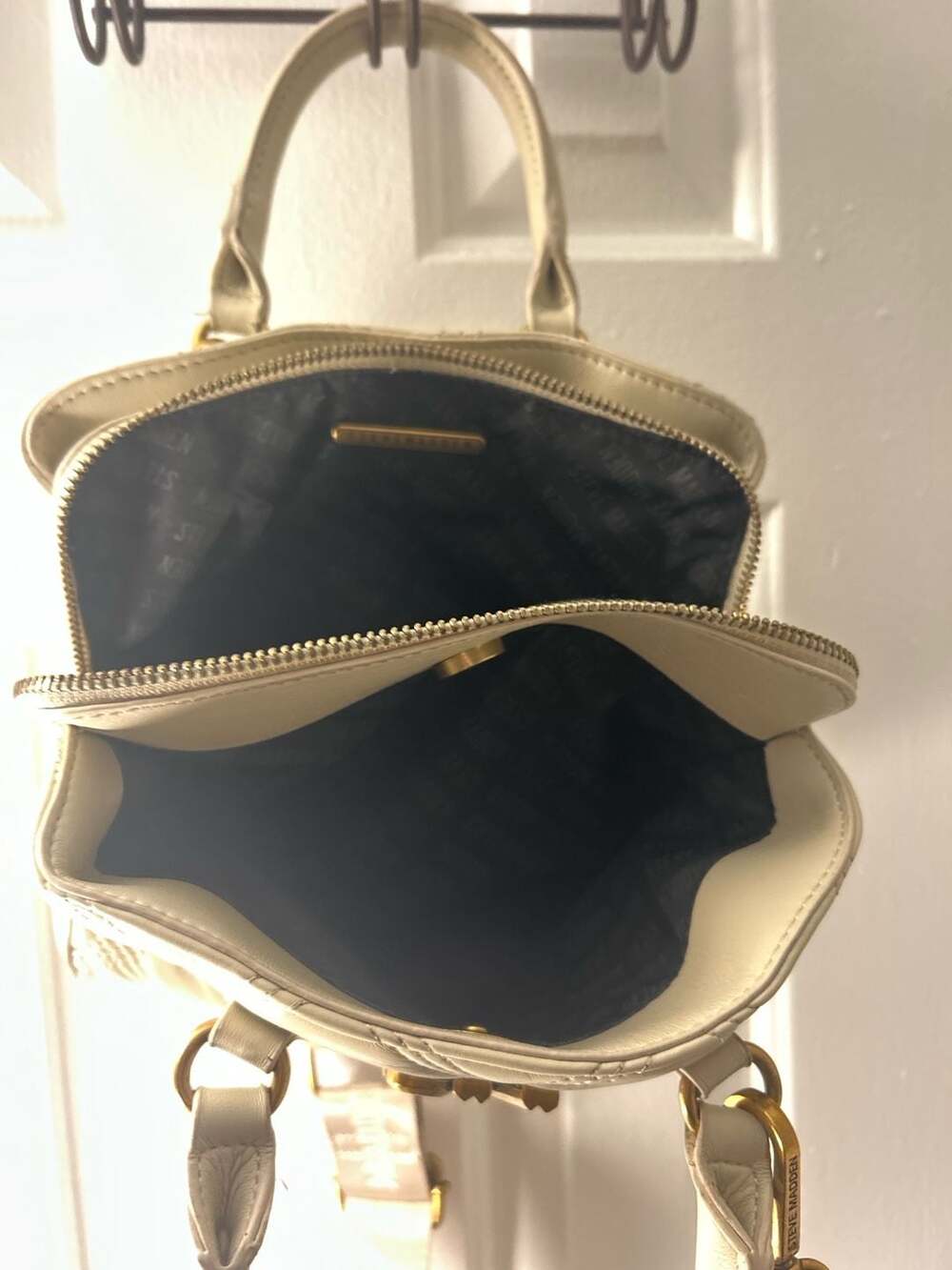 Steve Madden Bmickey Quilted Logo Plaque Satchel with Crossbody Strap in Vanilla - Picture 5 of 9